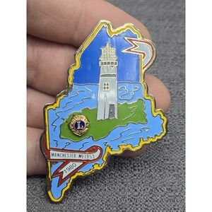 Vintage 1980 Maine Lions Club State Shape Lighthouse Enamel Pin Manchester ME
